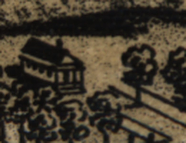 Engraved detail of a small modest house on a large lot.